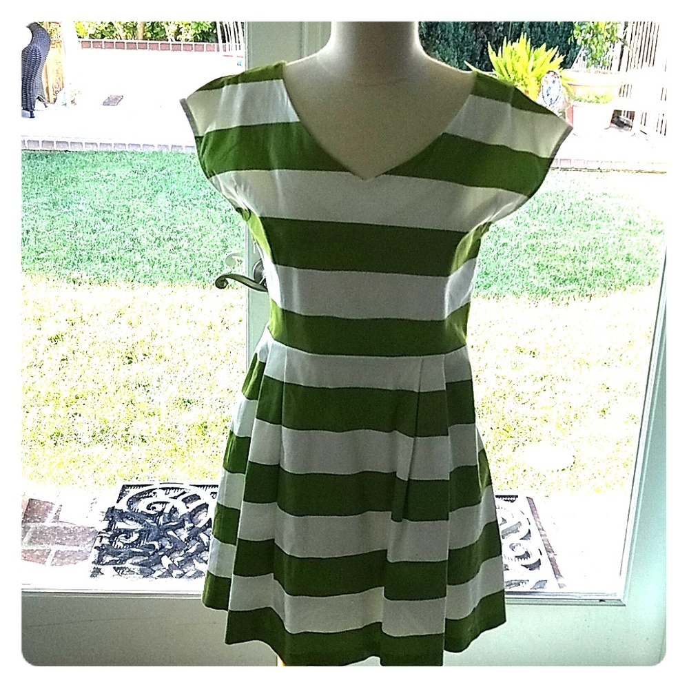 Green n White striped short sleeve dress
